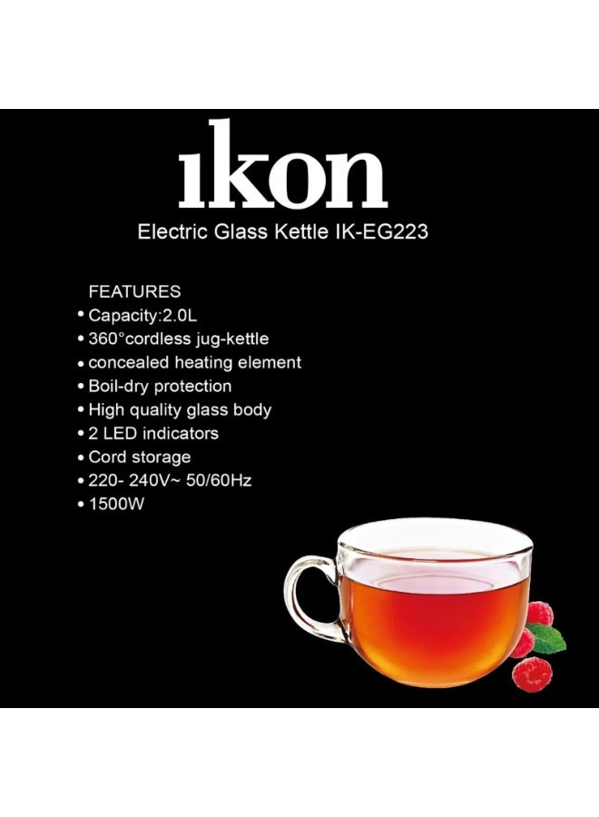 ikon 2.0L Electric Glass Kettle with Blue LED Light - Model IK-EG223 - Image 2