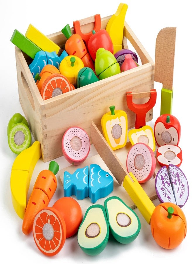 Busy edition Wooden Play Food Sets for Kids Kitchen, Velcro Fruits and Vegetables Cutting Set, Fake Food Play Kitchen Accessories, Learning Pretend Play for Toddlers 3-5 Boys Girls - Image 1