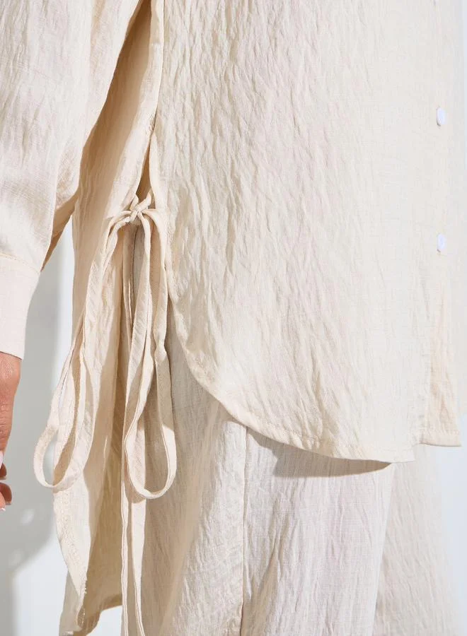 Amirah  Beige Texture Oversized Longline Shirt and Pants Modest Set for Women | Best Price UAE