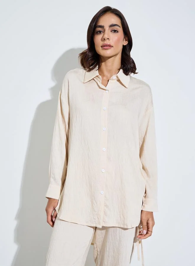 أميرة Beige Texture Oversized Longline Shirt and Pants Modest Set