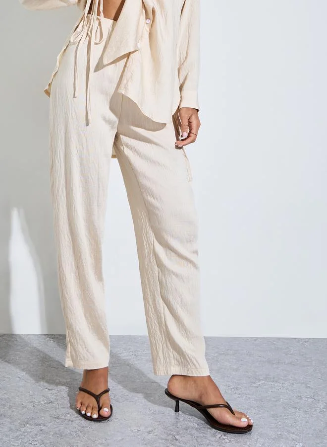 Amirah  Beige Texture Oversized Longline Shirt and Pants Modest Set for Women | Best Price UAE