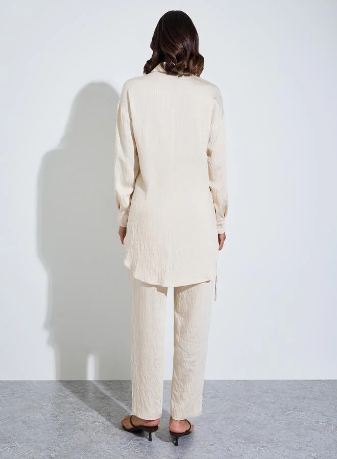 Amirah  Beige Texture Oversized Longline Shirt and Pants Modest Set for Women | Best Price UAE