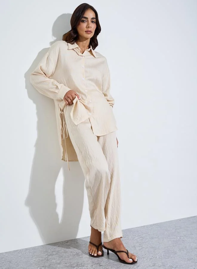 أميرة Beige Texture Oversized Longline Shirt and Pants Modest Set