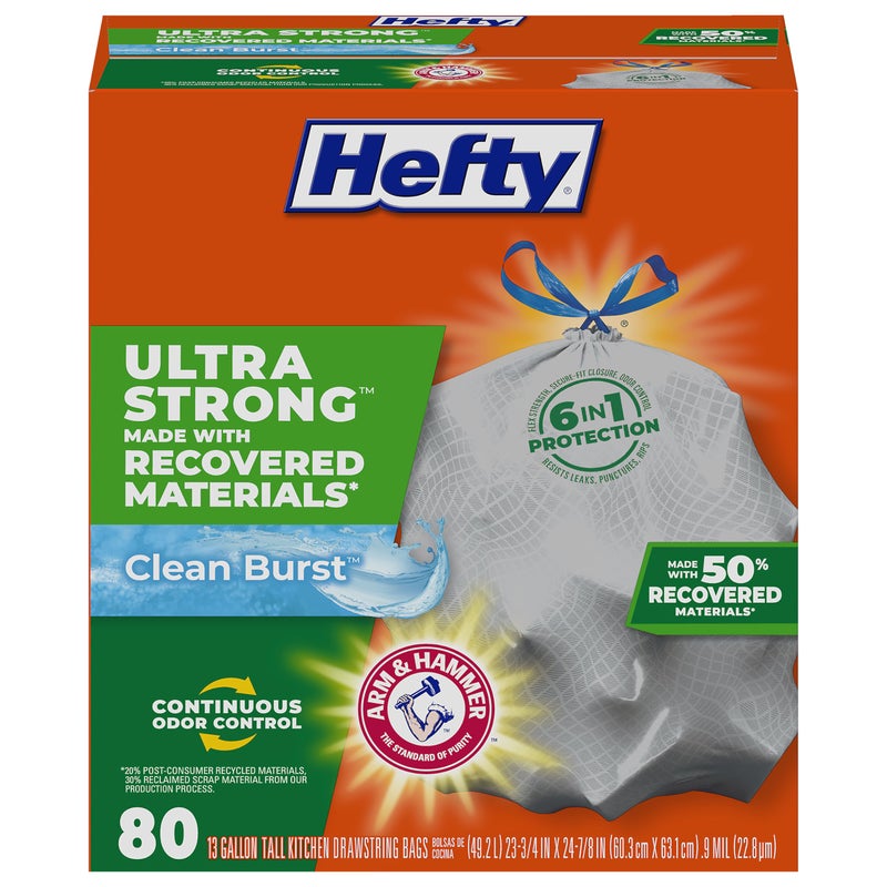 Hefty Ultra Strong Made with 50 Recovered Materials Tall Kitchen Trash Bags Gray Clean Burst 13 Gallon 80 Count