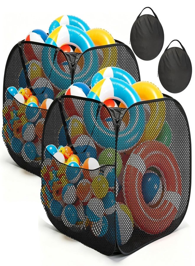KEOHOLI 2 Pack 30 * 30 * 30 inch Pop up Pool Toy Storage Bin with Side Pockets Mesh Pool Float Holder Toys Organizer for Inflatable Toys, Beach Balls,Black - Image 1