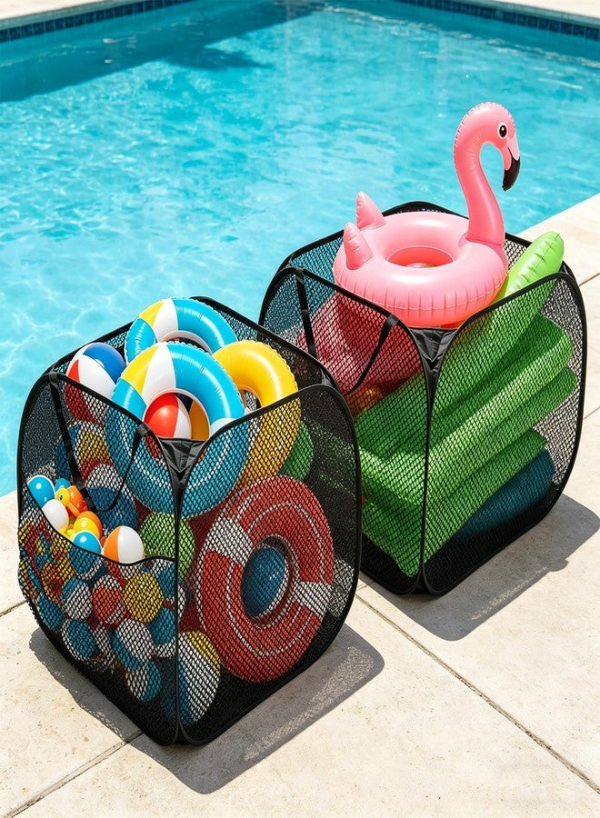 KEOHOLI 2 Pack 30 * 30 * 30 inch Pop up Pool Toy Storage Bin with Side Pockets Mesh Pool Float Holder Toys Organizer for Inflatable Toys, Beach Balls,Black - Image 4