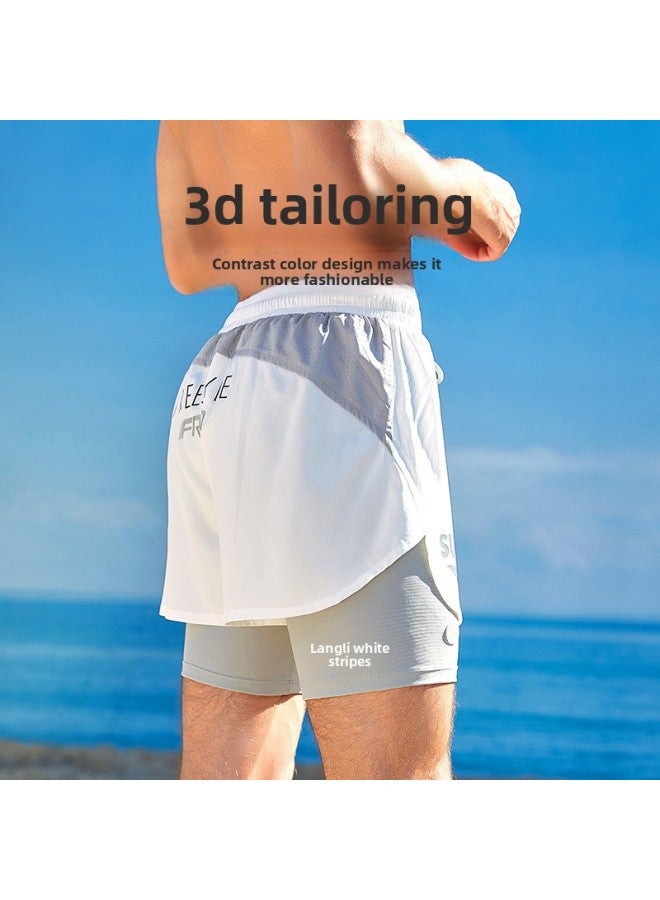 إسكدنيا Supply Swimming Trunks Men's Anti-embarrassment Professional Quick-drying Loose Large Size Double-layer Five-point White Holiday Beach Pants-Color:Black- - Image 3