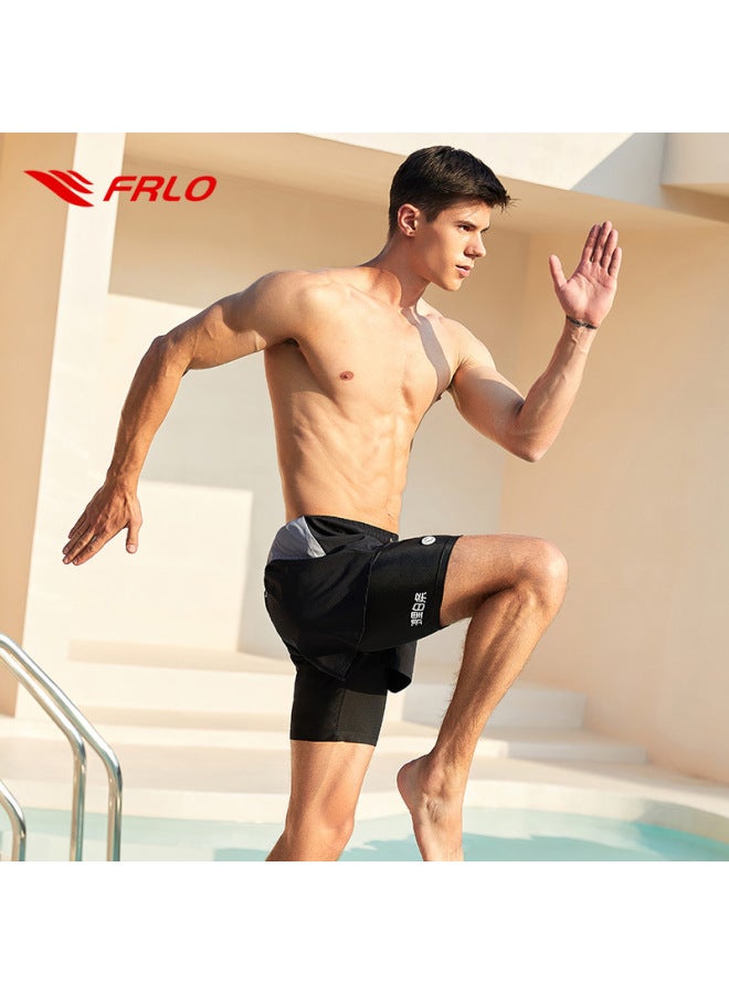 إسكدنيا Supply Swimming Trunks Men's Anti-embarrassment Professional Quick-drying Loose Large Size Double-layer Five-point White Holiday Beach Pants-Color:Black- - Image 5