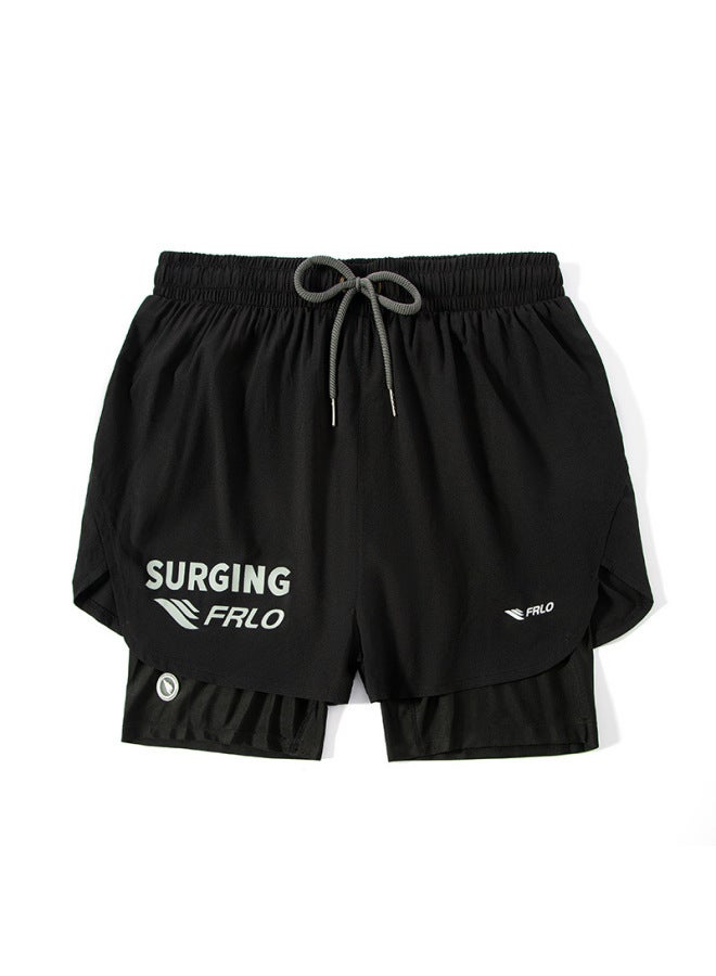 إسكدنيا Supply Swimming Trunks Men's Anti-embarrassment Professional Quick-drying Loose Large Size Double-layer Five-point White Holiday Beach Pants-Color:Black- - Image 1