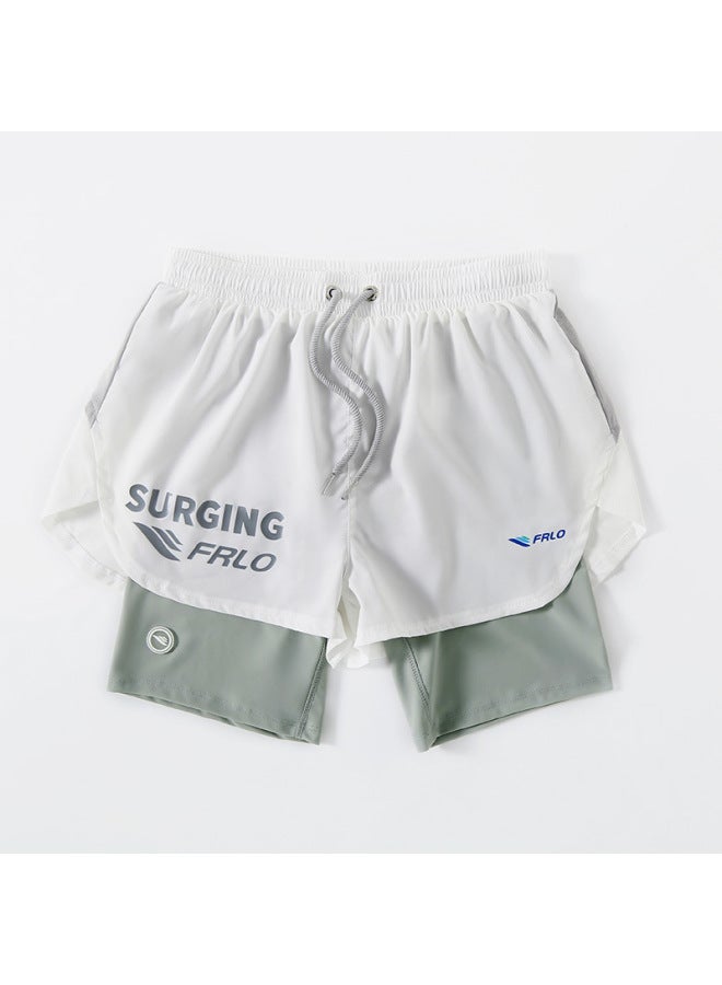 إسكدنيا Supply Swimming Trunks Men's Anti-embarrassment Professional Quick-drying Loose Large Size Double-layer Five-point White Holiday Beach Pants-Color:Black- - Image 2