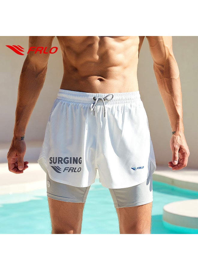 إسكدنيا Supply Swimming Trunks Men's Anti-embarrassment Professional Quick-drying Loose Large Size Double-layer Five-point White Holiday Beach Pants-Color:Black- - Image 4
