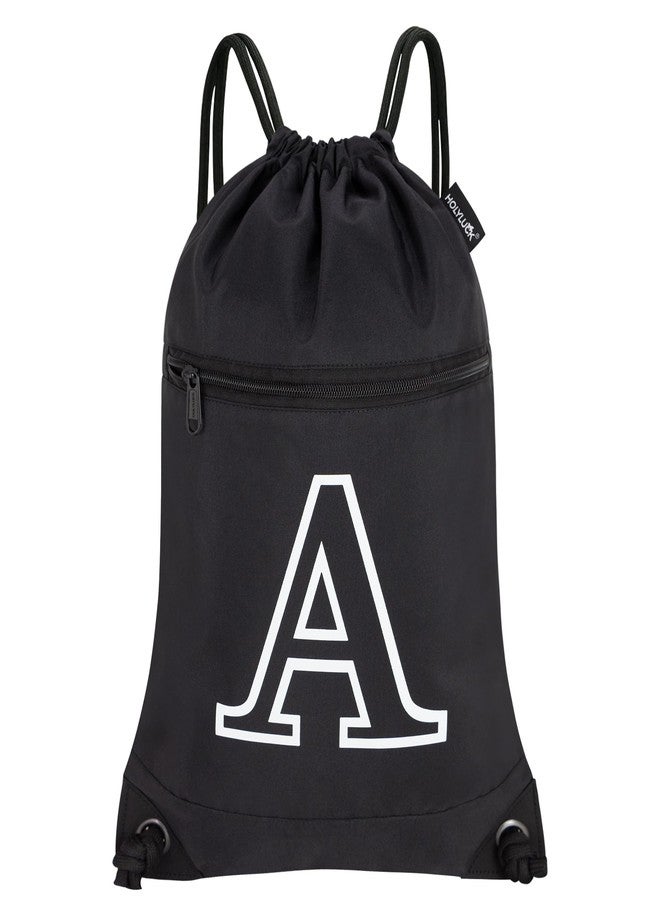 HOLYLUCK Drawstring Bags Initial Backpack Sackpack Cinch Bags for Sports, Gym, Travel, Beach, Letter (Black-A) - Image 1