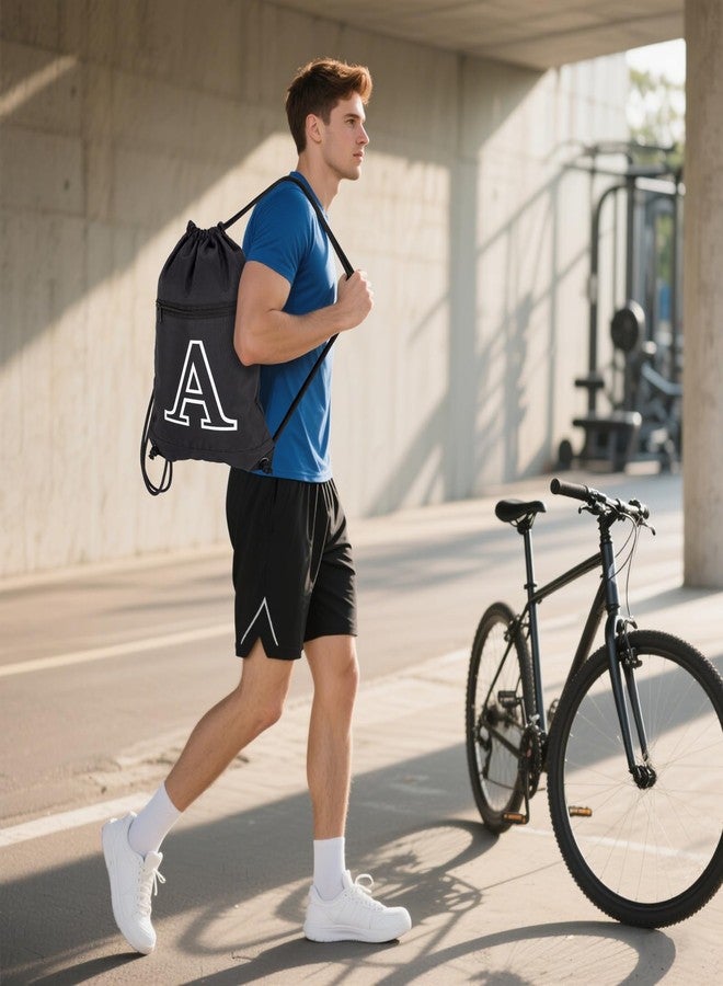 HOLYLUCK Drawstring Bags Initial Backpack Sackpack Cinch Bags for Sports, Gym, Travel, Beach, Letter (Black-A) - Image 2