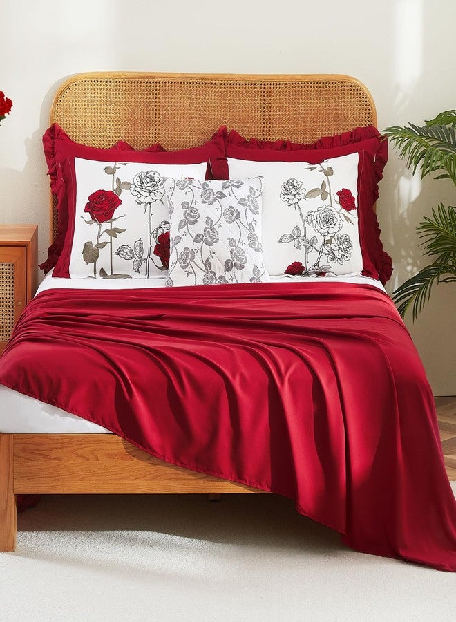 EVENHUG Queen Size Comforter Set 7 Pieces Red Rose Floral Bedding Sets for All Season Bed in a Bag with Flowers Comforter and Flat Sheet, Fitted Sheet, Pillowcases (90"x90") - Image 5