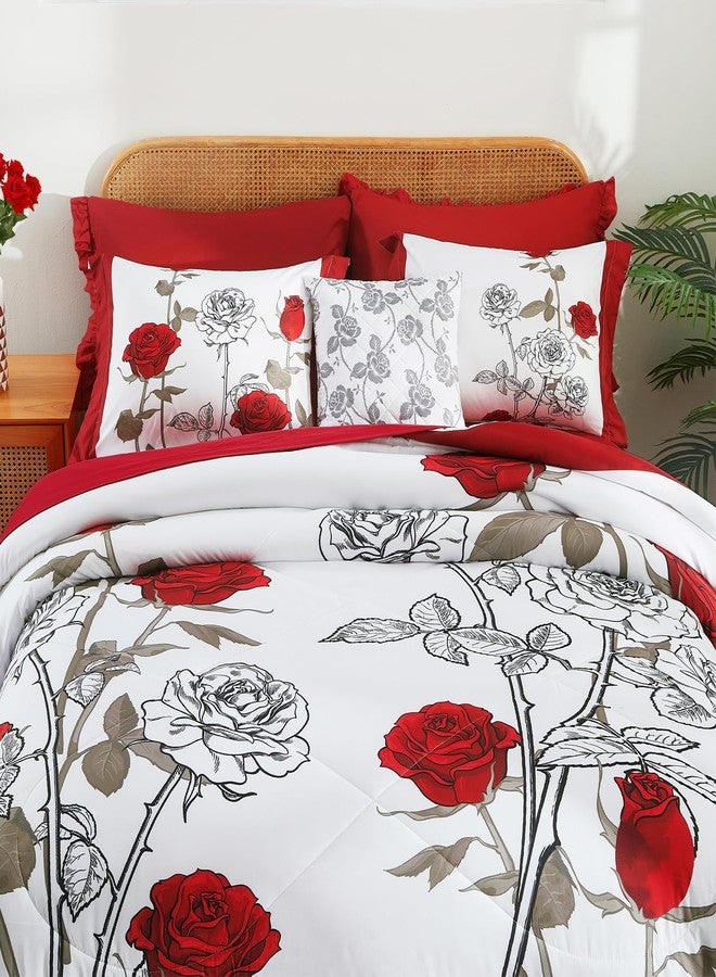 EVENHUG Queen Size Comforter Set 7 Pieces Red Rose Floral Bedding Sets for All Season Bed in a Bag with Flowers Comforter and Flat Sheet, Fitted Sheet, Pillowcases (90"x90") - Image 3