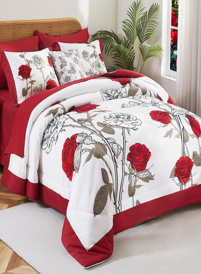 EVENHUG Queen Size Comforter Set 7 Pieces Red Rose Floral Bedding Sets for All Season Bed in a Bag with Flowers Comforter and Flat Sheet, Fitted Sheet, Pillowcases (90"x90") - Image 1