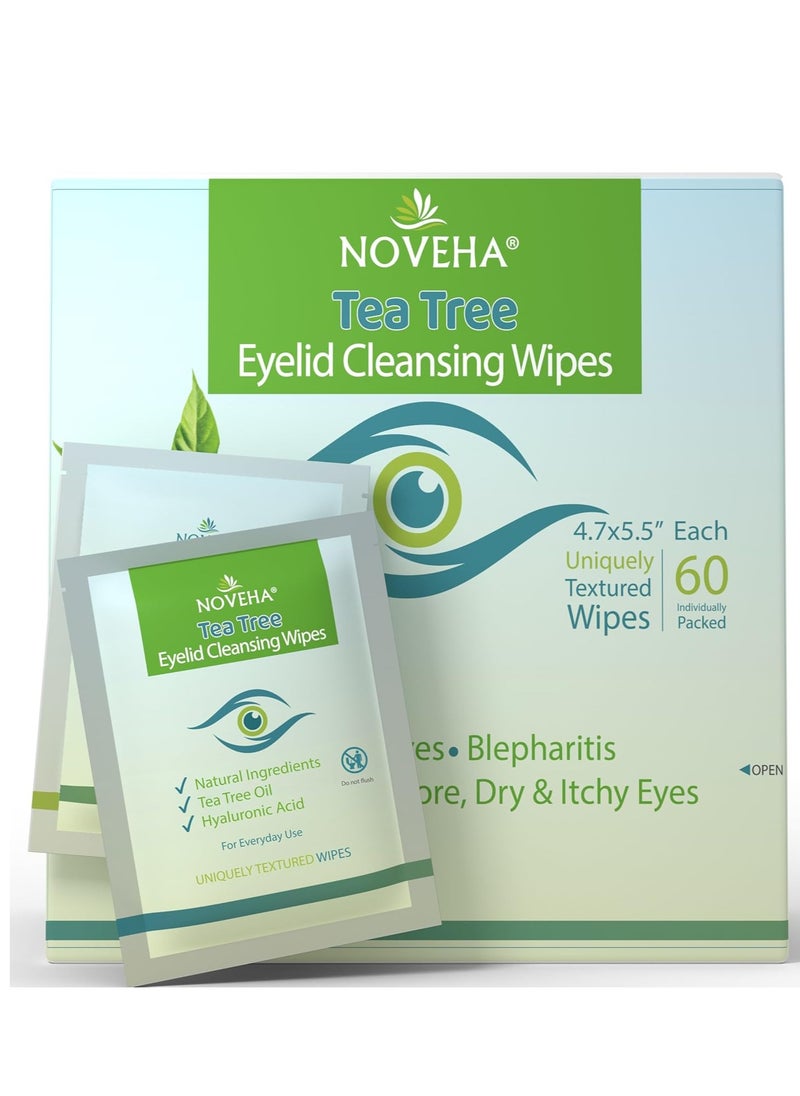 NOVEHA 60PCs Tea Tree Oil Eyelid & Lash Wipes | With Hyaluronic Acid, Green Tea & Chamomile For Blepharitis, Itchy & Stye Eyes, Individually Wrapped, Natural Eyelash Makeup Remover & Daily Cleanser - pzsku/Z720A4945315D3DEDCD32Z/45/_/1733313390/5197d4cf-a786-44ff-a074-6f4725b8c73b