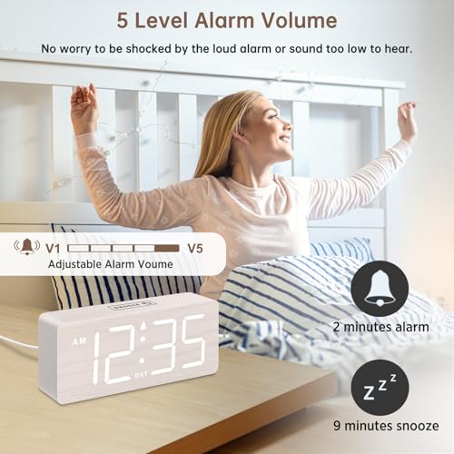 DreamSky Wooden Digital Alarm Clock for Bedroom - Desk Clock for Living Room with Large Numbers, Dimmer, Loud Alarm for Heavy Sleepers with Volume Control, DST, Office Wood Decor (Plug in Clock) - Image 3