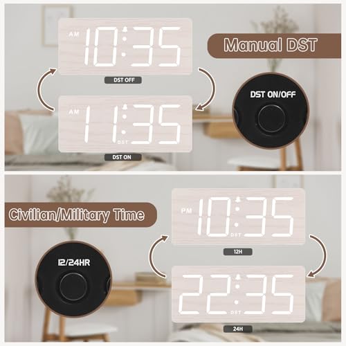 DreamSky Wooden Digital Alarm Clock for Bedroom - Desk Clock for Living Room with Large Numbers, Dimmer, Loud Alarm for Heavy Sleepers with Volume Control, DST, Office Wood Decor (Plug in Clock) - Image 5