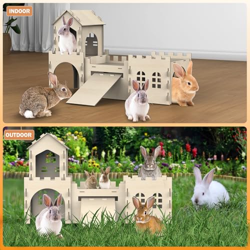 TankMatDecor Large Bunny House and Hideouts, Wooden Dual-Layer Rabbit Castle with Stair, Rubber Band-Free Setup - Chew-Proof, Sturdy Habitat for Guinea Pig Chinchilla Ferret (Rabbit House with Tunnels & Tubes) - Image 4