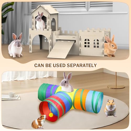 TankMatDecor Large Bunny House and Hideouts, Wooden Dual-Layer Rabbit Castle with Stair, Rubber Band-Free Setup - Chew-Proof, Sturdy Habitat for Guinea Pig Chinchilla Ferret (Rabbit House with Tunnels & Tubes) - Image 5