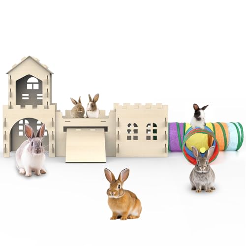 TankMatDecor Large Bunny House and Hideouts, Wooden Dual-Layer Rabbit Castle with Stair, Rubber Band-Free Setup - Chew-Proof, Sturdy Habitat for Guinea Pig Chinchilla Ferret (Rabbit House with Tunnels & Tubes) - Image 1