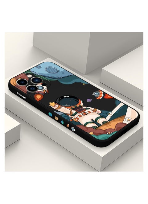 غطاء هاتف iPhone 12 Pro Max بتصميم زهرة فراشة فضائي لطيف، مع بطانة ناعمة من الألياف الدقيقة ومصنوع من السيليكون السائل النحيف، متوفر باللون الأسود.