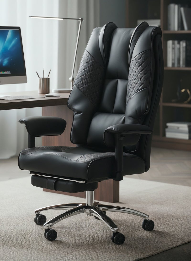 دراجو كرسي مكتب تنفيذي مريح من مونارك برو للعمل من المنزل، مصنوع من جلد البولي يوريثان، للدراسة، بظهر مرتفع، ومقعد مبطن، ومسند ذراع قابل للتعديل، ودعم للرأس وأسفل الظهر | كرسي ألعاب بمسند للقدمين وإمكانية الاستلقاء، أسود - Image 1