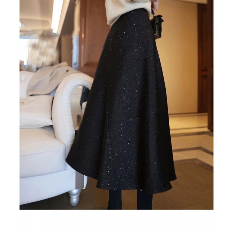 Woolen Skirt Womens Spring and Autumn Sweater High-end Wraped Hip Skirt New Style Western Style Gentle Wear Retro Skirt Black