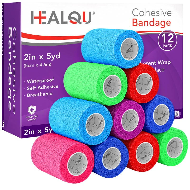 HEALQU Self Adhesive Bandage Wrap â€“ 12 Rolls 2in x 5yd Cohesive Tape for Athletic and Sports - Self Adherent Medical Tape, Flexible, Elastic Bandages Multicolor for Wrist & Ankle Vet Wrap for Dogs - Image 1