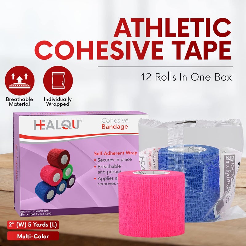 HEALQU Self Adhesive Bandage Wrap â€“ 12 Rolls 2in x 5yd Cohesive Tape for Athletic and Sports - Self Adherent Medical Tape, Flexible, Elastic Bandages Multicolor for Wrist & Ankle Vet Wrap for Dogs - Image 2