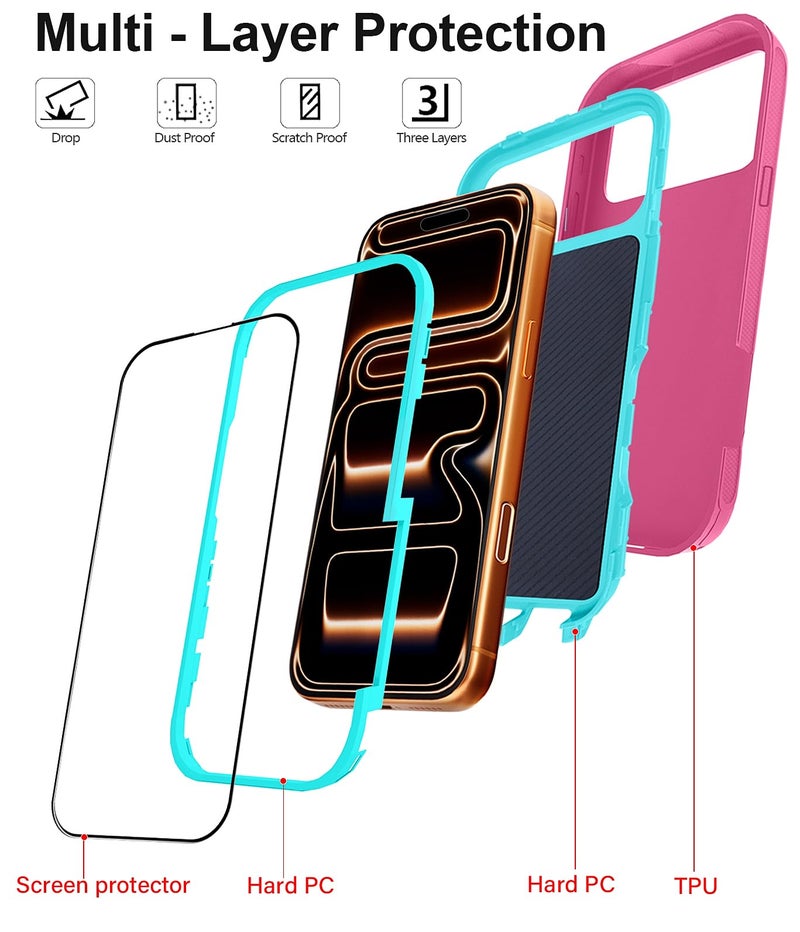 JGS for iPhone 17 Pro Max Case 6.9", Military Grade 3 in 1 Heavy Duty Shockproof/Drop Proof Case with 2 Screen Protector + 2 Camera Lens Protector(Pink Blue) - Image 5