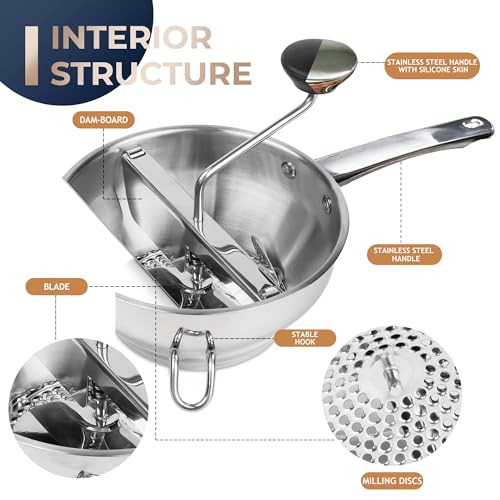 Gemfino Stainless Steel Food Mills With 3 Milling Discs,Ergonomic design Of Rotary Food Mills For Tomato Sauce,Potatoes,Jams,Stainless Steel Handle and Dishwasher Safe,Includes Multifunctional Spoon - Image 3