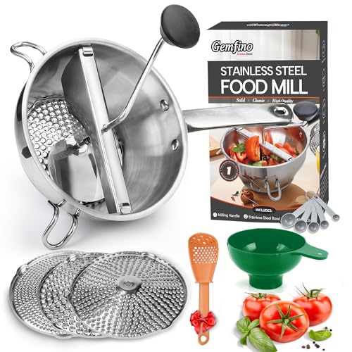 Gemfino Stainless Steel Food Mills With 3 Milling Discs,Ergonomic design Of Rotary Food Mills For Tomato Sauce,Potatoes,Jams,Stainless Steel Handle and Dishwasher Safe,Includes Multifunctional Spoon - Image 1