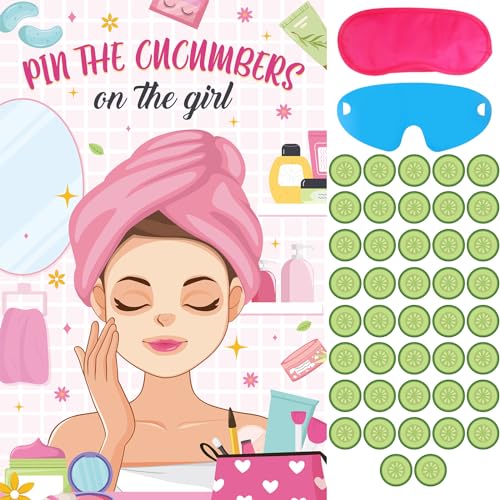 Hxezoc Spa Party Games Pin The Cucumbers on The Girl With 42 Pcs Cucumber Stickers Large Spa Party Games Poster for Kids Girls Women Spa Birthday Party Carnival Supplies - Image 1