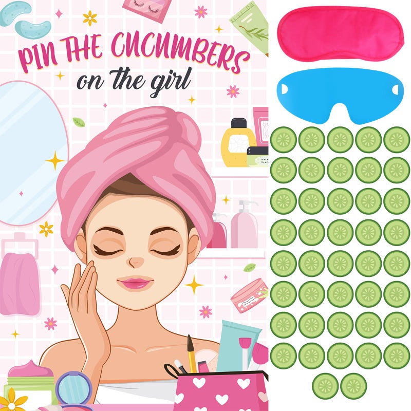 Hxezoc Spa Party Games Pin The Cucumbers on The Girl With 42 Pcs Cucumber Stickers Large Spa Party Games Poster for Kids Girls Women Spa Birthday Party Carnival Supplies - Image 2