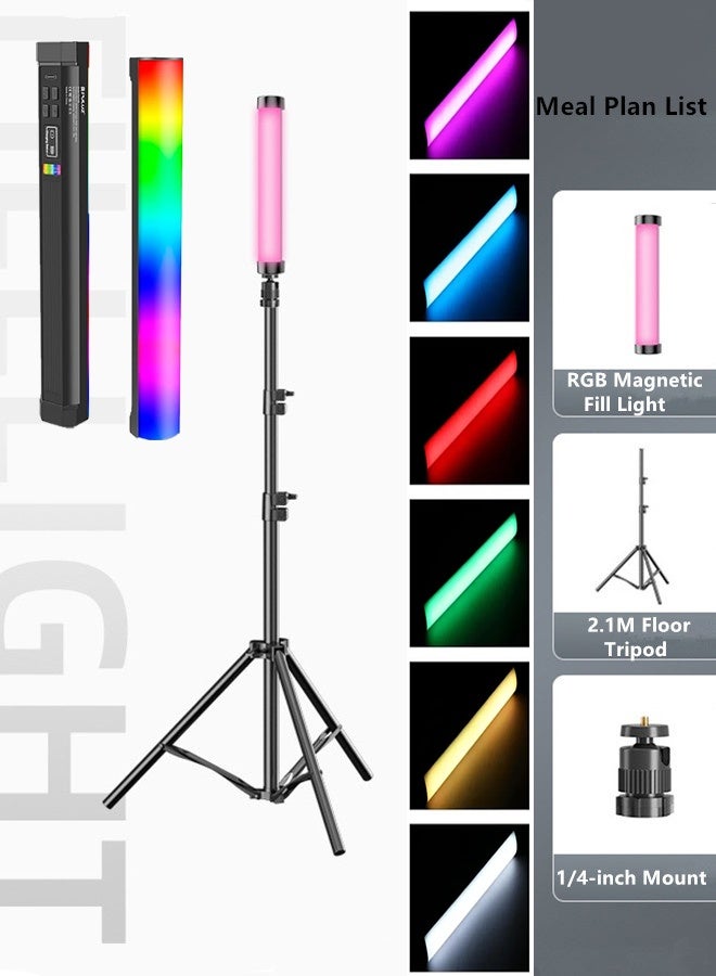 بولوز عصا إضاءة محمولة، مصباح تصوير، عصا إضاءة للتصوير بطول 30 سم/12 بوصة، عصا إضاءة مغناطيسية محمولة باليد بزاوية 360 درجة، مع واجهة شحن من النوع C، أوضاع ألوان متعددة قابلة للتعديل RGB، حامل ثلاثي القوائم أرضي قابل للتمديد بطول 2.1 متر، أنبوب إضاءة قابل للتعتيم من 3000 إلى 7000 كلفن، مع مثبت لضبط الزاوية، مناسب للتصوير بالكاميرا، والتصوير الفوتوغرافي في الاستوديو، وTikTok، وYouTube، وVlog، إلخ. - Image 1