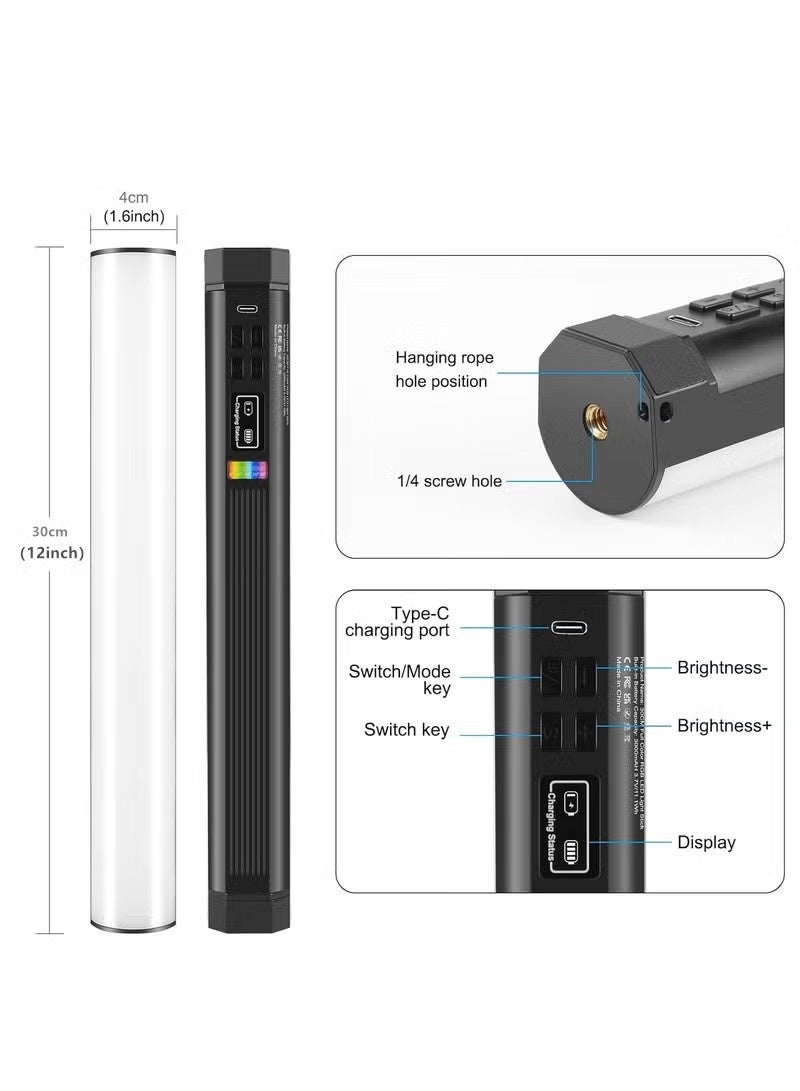 بولوز عصا إضاءة محمولة، مصباح تصوير، عصا إضاءة للتصوير بطول 30 سم/12 بوصة، عصا إضاءة مغناطيسية محمولة باليد بزاوية 360 درجة، مع واجهة شحن من النوع C، أوضاع ألوان متعددة قابلة للتعديل RGB، حامل ثلاثي القوائم أرضي قابل للتمديد بطول 2.1 متر، أنبوب إضاءة قابل للتعتيم من 3000 إلى 7000 كلفن، مع مثبت لضبط الزاوية، مناسب للتصوير بالكاميرا، والتصوير الفوتوغرافي في الاستوديو، وTikTok، وYouTube، وVlog، إلخ. - Image 2