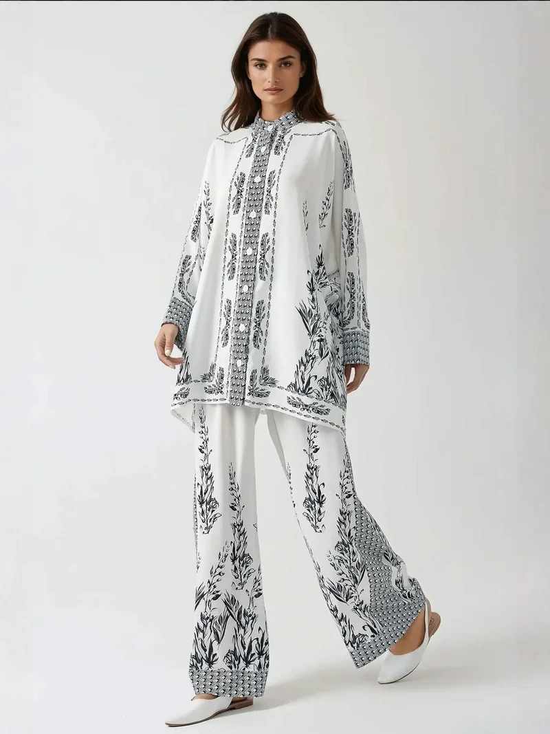 HICCUP Printed Shrt & High Waist Wide Leg Two-Piece Set