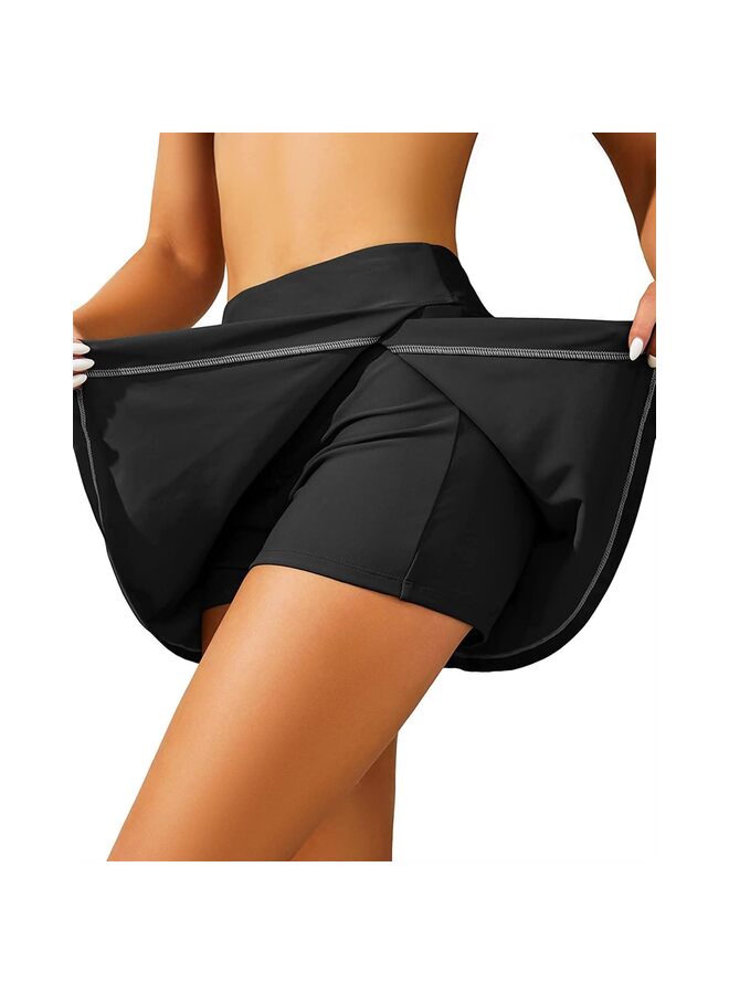 تنورة سباحة نسائية للتحكم في البطن مع شورت مدمج وجزء سفلي منقسم عالي الخصر (المقاس: أسود-L) - Image 5
