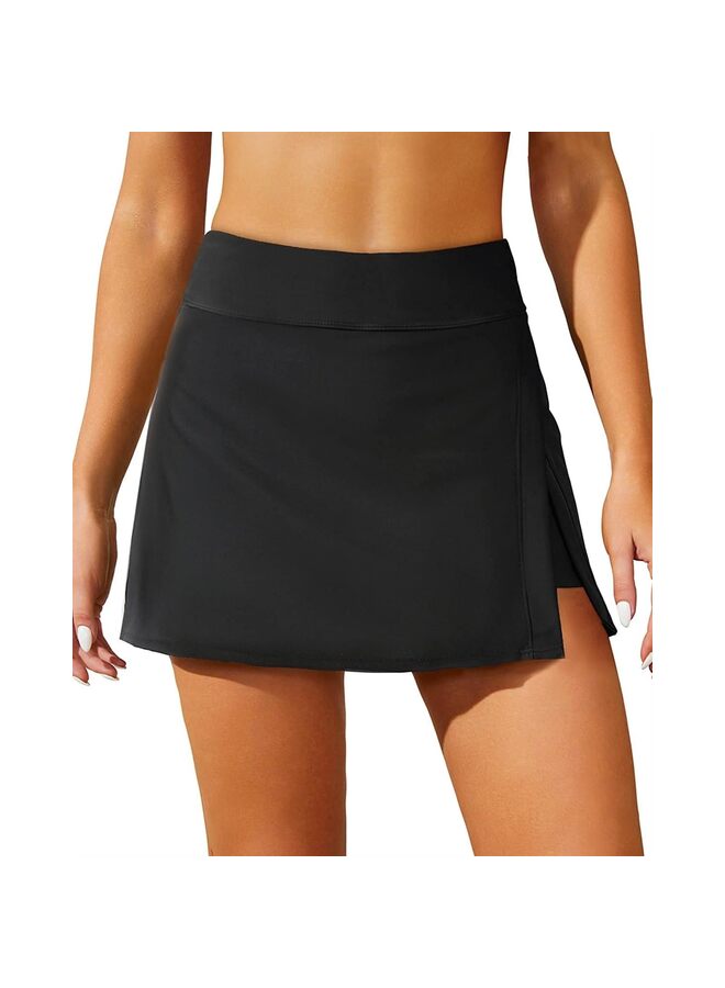 تنورة سباحة نسائية للتحكم في البطن مع شورت مدمج وجزء سفلي منقسم عالي الخصر (المقاس: أسود-L) - Image 3