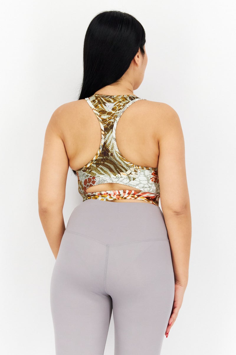 GUESS Women Sportswear Fit Allover Print Sports Bra, Olive Combo  - Image 3