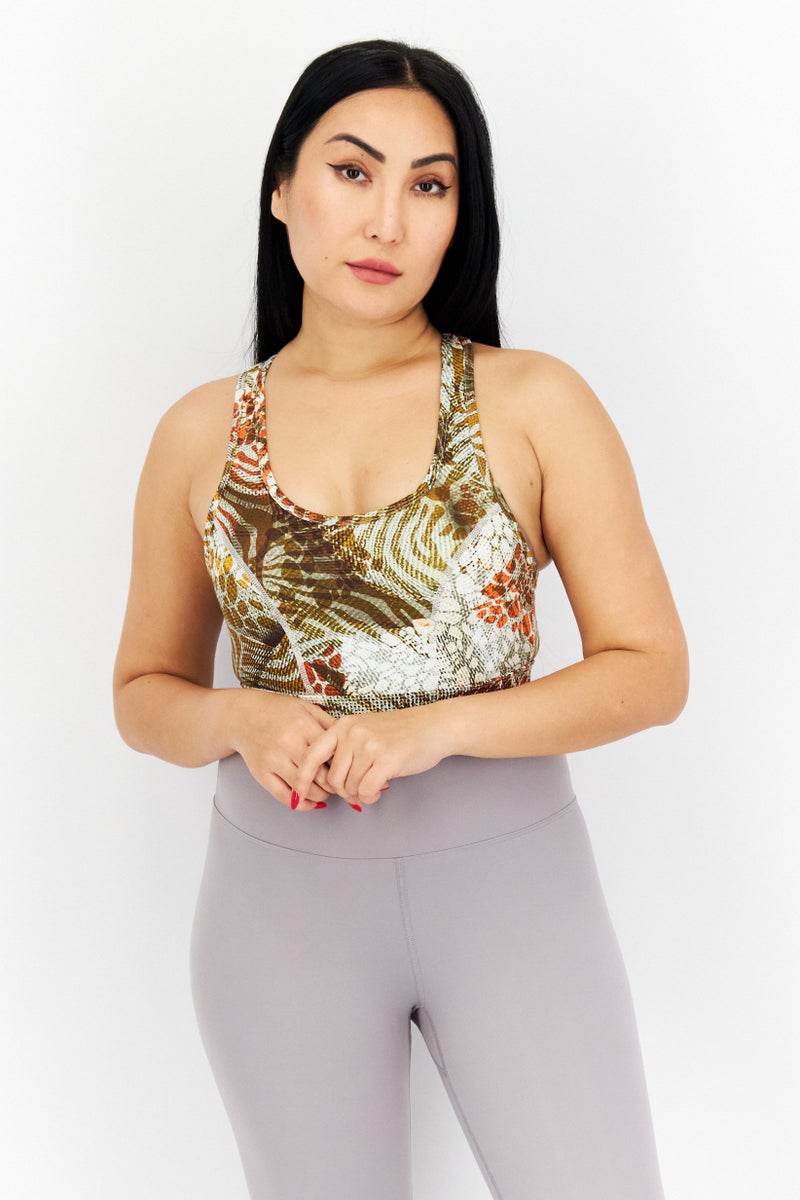 GUESS Women Sportswear Fit Allover Print Sports Bra, Olive Combo  - Image 1