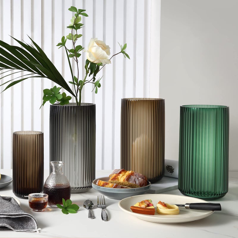 Dinyeo Large Cylinder Ribbed Brown Glass Flower Vase for Farmhouse Dining Table Centerpieces Decor - Image 5