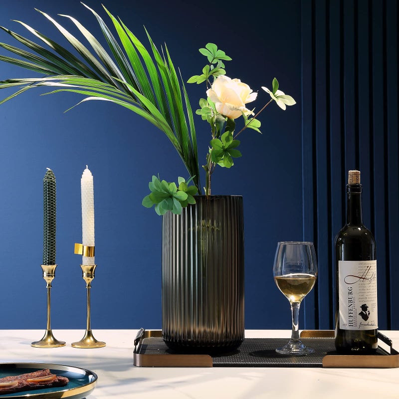 Dinyeo Large Cylinder Ribbed Brown Glass Flower Vase for Farmhouse Dining Table Centerpieces Decor - Image 4