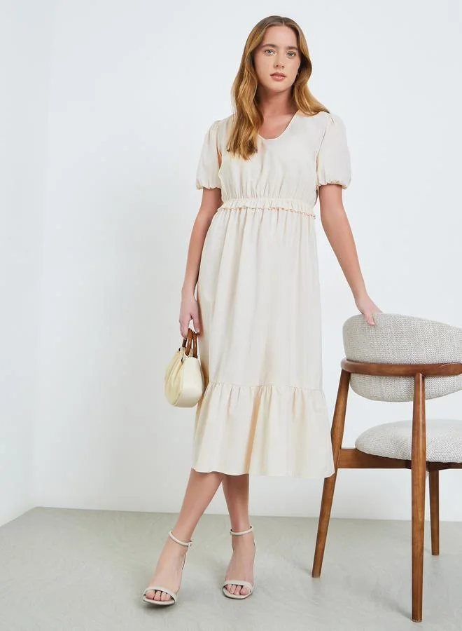 Beige Solid Ruffle Details Cuffed Sleeves A-Line Midi Dress