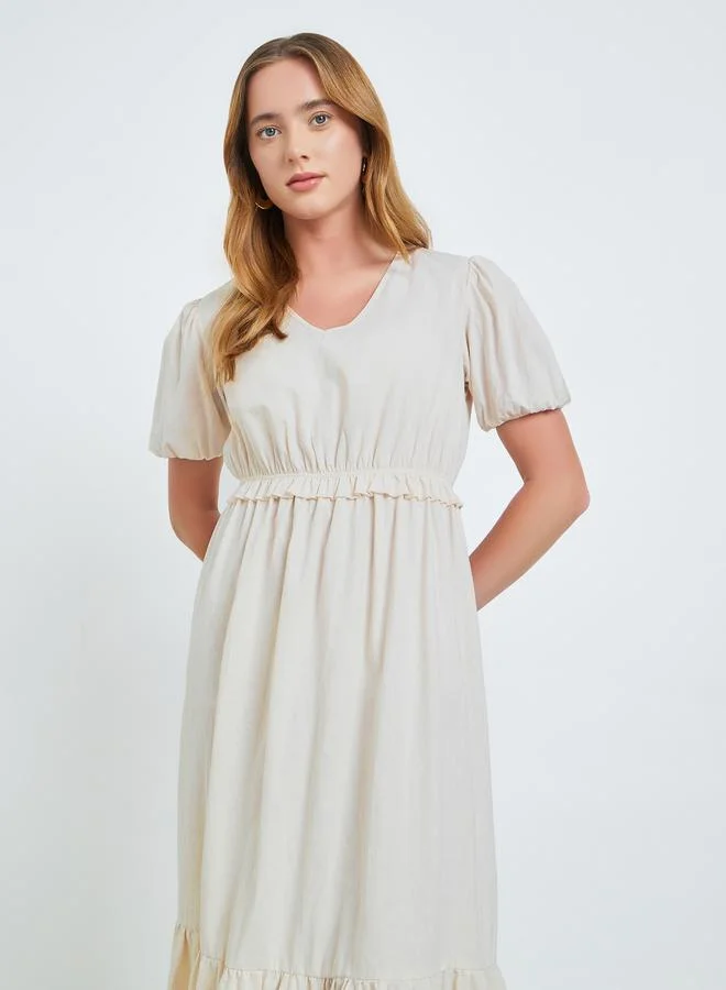 Take Two  Beige Solid Ruffle Details Cuffed Sleeves A-Line Midi Dress for Women | Best Price UAE