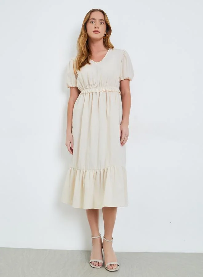 Take Two  Beige Solid Ruffle Details Cuffed Sleeves A-Line Midi Dress for Women | Best Price UAE
