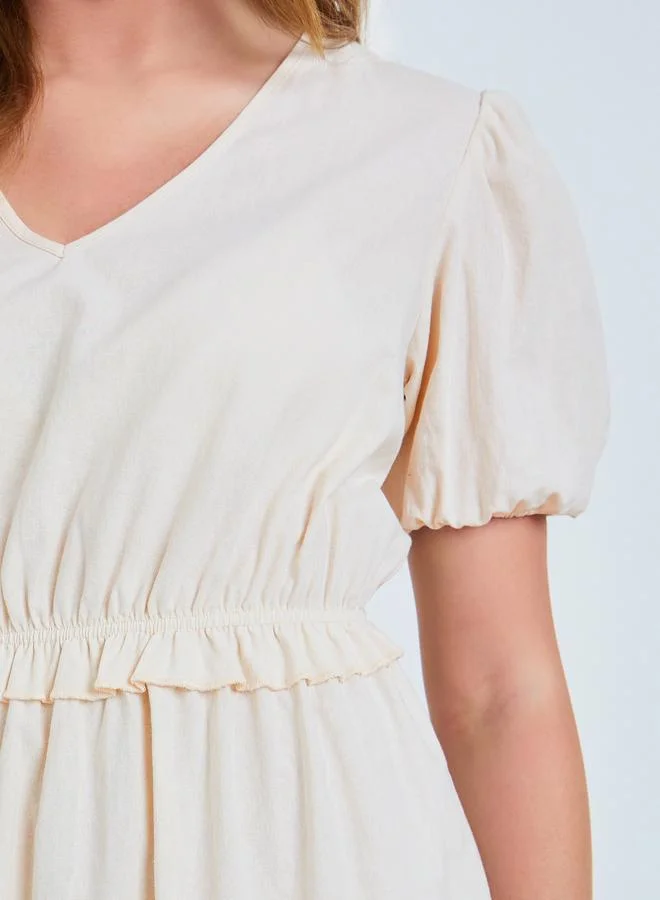 Take Two  Beige Solid Ruffle Details Cuffed Sleeves A-Line Midi Dress for Women | Best Price UAE