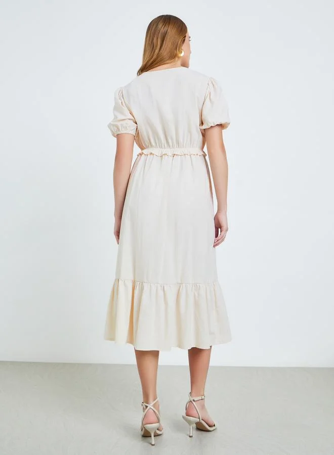 Take Two  Beige Solid Ruffle Details Cuffed Sleeves A-Line Midi Dress for Women | Best Price UAE